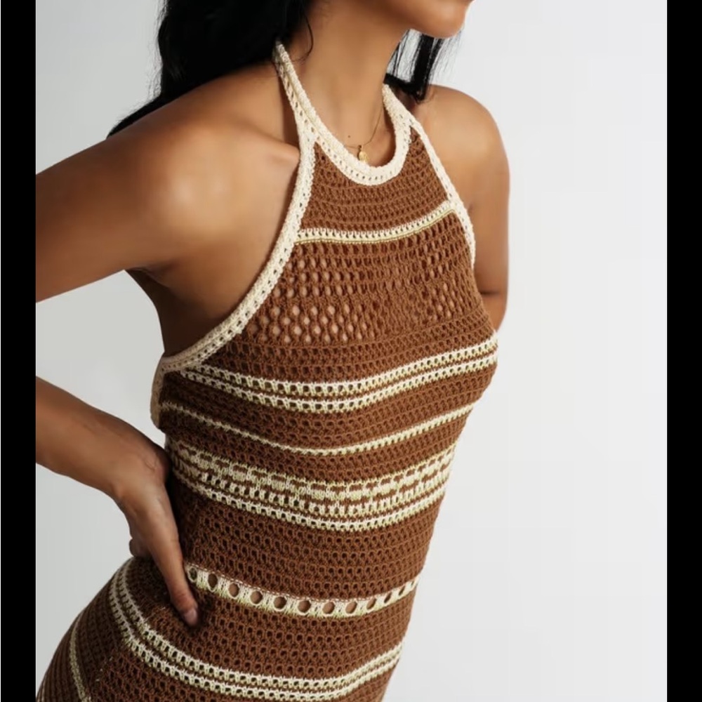 Elegant Brown and Cream Crochet Mini Dress
